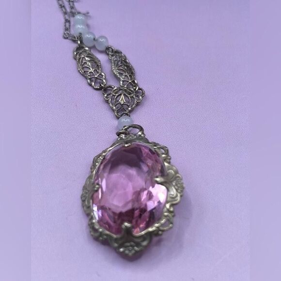 Pink Faceted Glass Pendant Necklace Silver Tone Filigree Beaded Chain Womens 16" - Picture 1 of 3